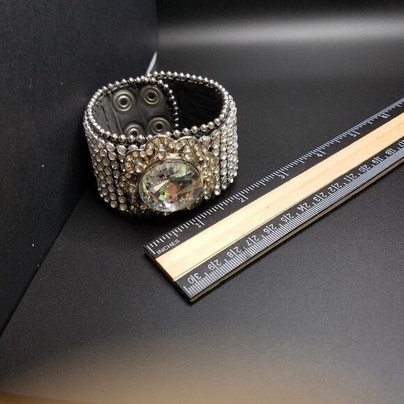 Rhinestone Wide Snap Bracelet, Clear Rhinestones Brown Faux Leather, 7 3/4 Inch - Picture 4 of 9